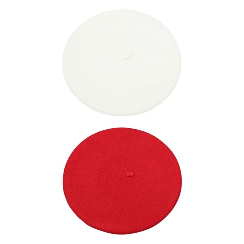 ICSTH French Beret - Wool Solid Color Womens Beanie Cap Hat (One Size, 2PCS RED and White)